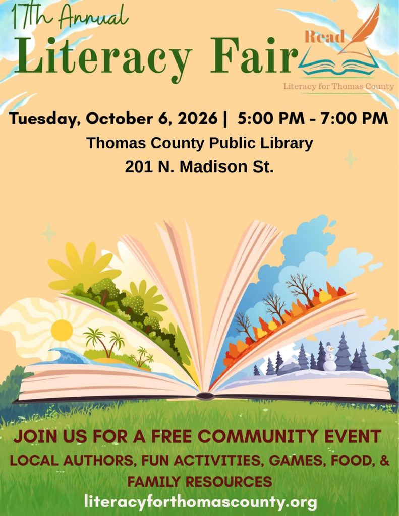 An open book displays images of landscapes, a sun, and flowers. "11th Annual Literacy Fair" is at the top. The event is on Tuesday, October 6, 2026, from 5:00 PM to 7:00 PM.
