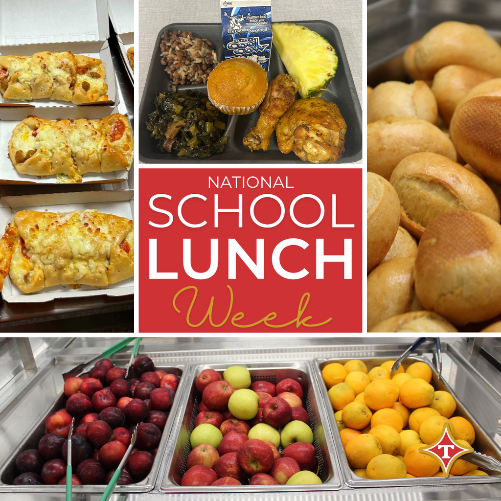 Collage of school lunch options. Pizza, chicken, vegetables, bread, fruit in containers. Words "National School Lunch Week" in center.