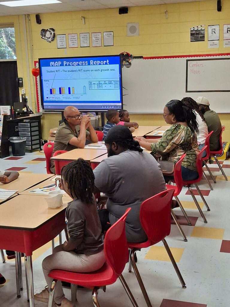 Classroom with students seated in chairs around a table, listening to a presentation on a projector screen.