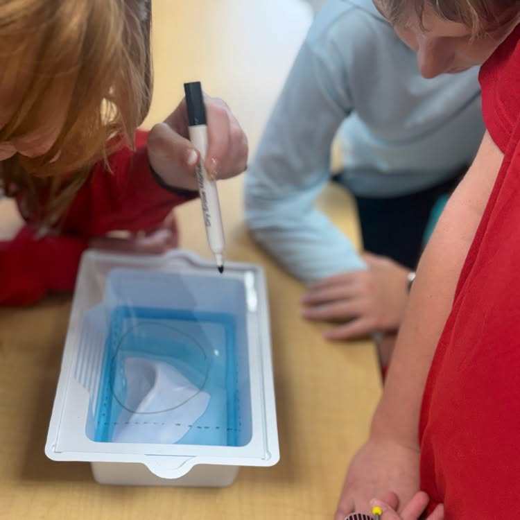 Three people over a plastic tray of water with a paper boat. One person holds a marker.