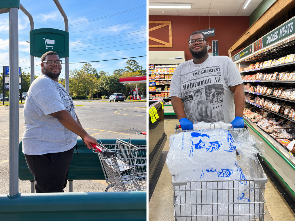 Two photos: man in a parking lot with a shopping cart and man in a store holding a bag of groceries.