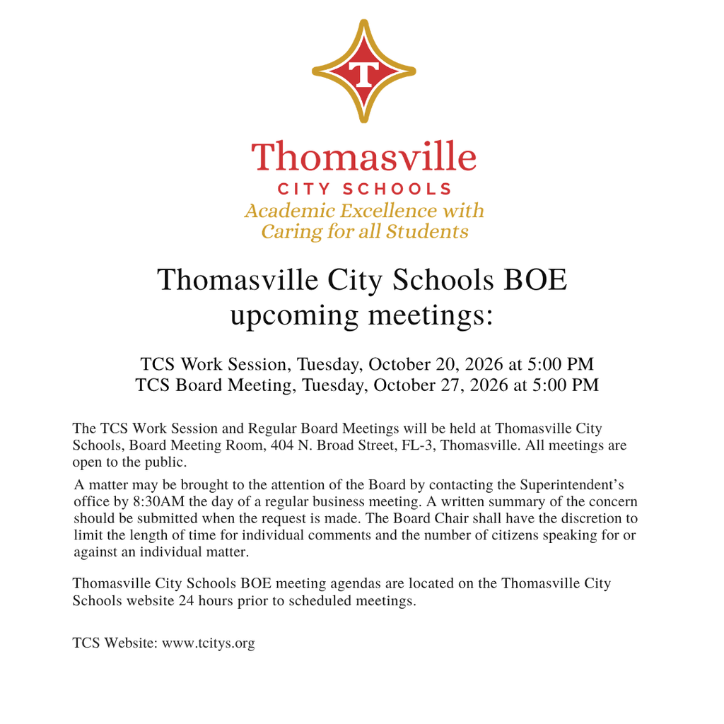 Document shows logo for Thomasville City Schools. Text reads "BOE upcoming meetings" and lists TCS Work Session and TCS Board Meeting dates.