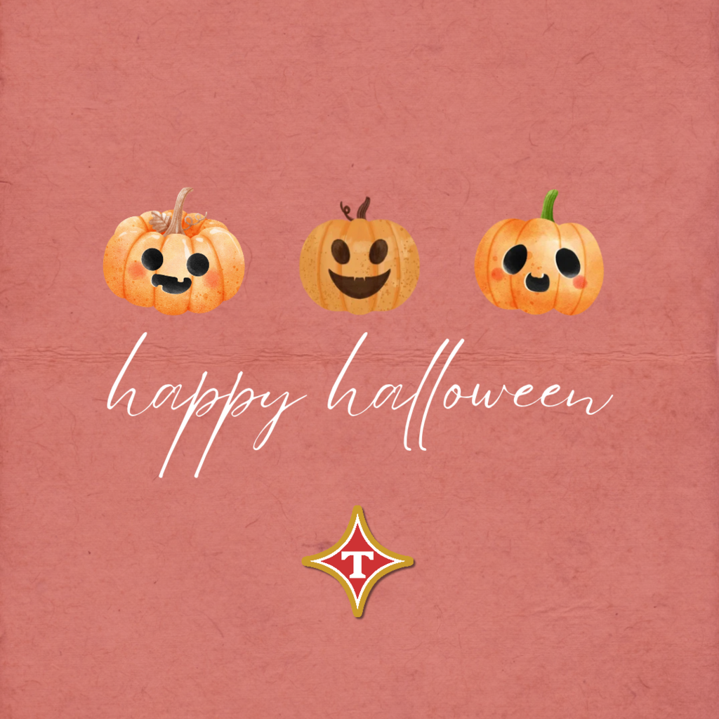 Three pumpkins with faces drawn on them, one smiling, one grinning, and one with a surprised expression. Below, the words "happy Halloween" are written. Below that is a logo.