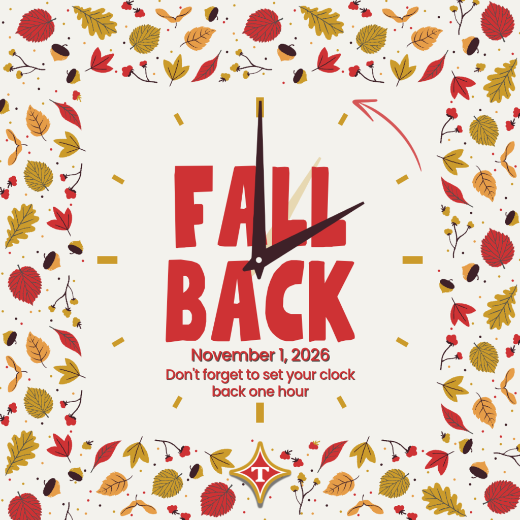 Clock with red hands and white face. Text "Fall Back" and "November 1, 2026" below. Leaves and acorns around the clock.