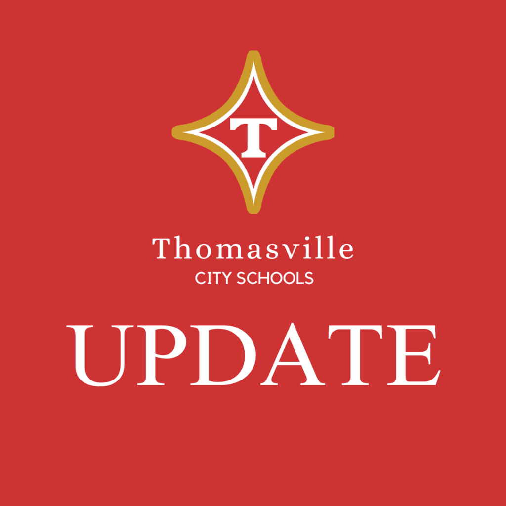 Red background with the Thomasville City Schools logo and white text reading "UPDATE".