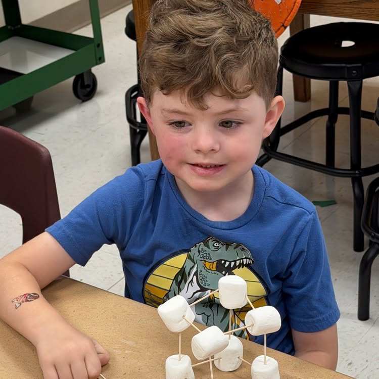 A boy sits at a table with a structure made of marshmallows. He wears a blue t-shirt with an image.