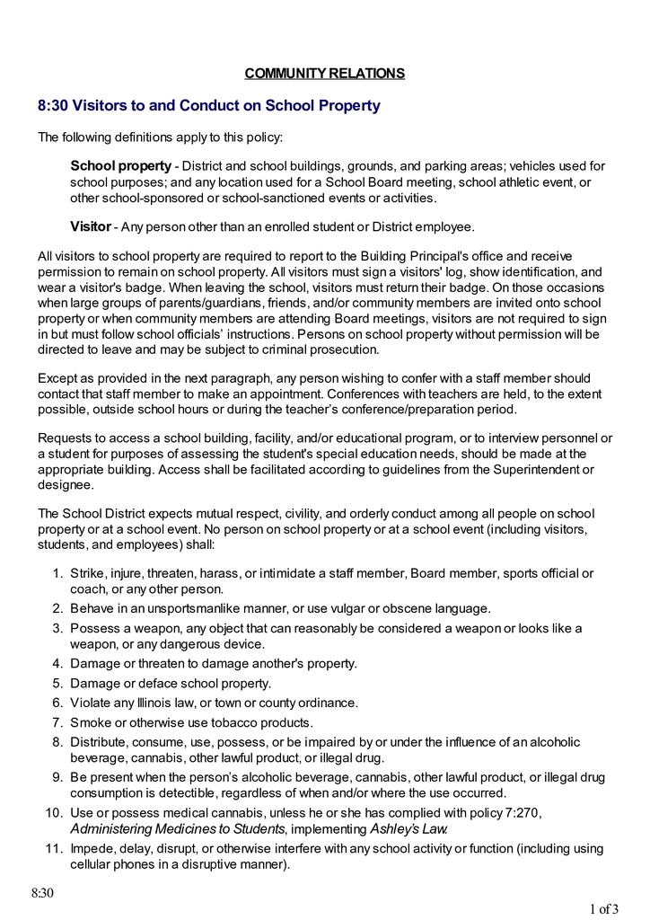 Board Policy 8:30- Visitors to and Conduct on School Property