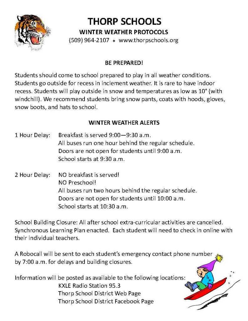 Winter Weather Protocols for 1 hour, 2 hour and closures.