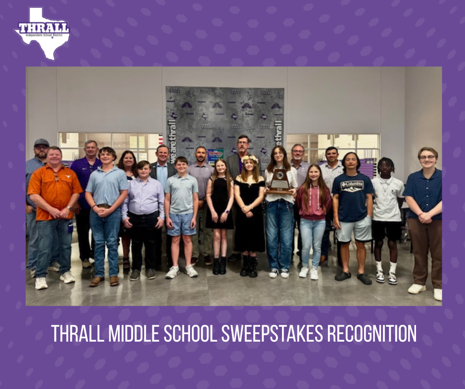 Last night at the Thrall ISD School Board meeting, our Trustees had the pleasure of recognizing the outstanding accomplishments of our middle school band for earning the 2026 UIL Sweepstakes award. We are incredibly proud of their hard work and dedication! They were joined by their directors, Mr. Stacy Gist, Band Director, and Ms. Stevee Gilbert, Middle School Band Director. The Trustees also recognized Addison Wall for being awarded the 2026 TASB Governance Scholarship and for her participation as a panelist at the TASB Governance Camp in Galveston. Congratulations to all for representing Thrall ISD with excellence!