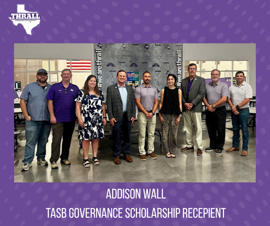 Last night at the Thrall ISD School Board meeting, our Trustees had the pleasure of recognizing the outstanding accomplishments of our middle school band for earning the 2026 UIL Sweepstakes award. We are incredibly proud of their hard work and dedication! They were joined by their directors, Mr. Stacy Gist, Band Director, and Ms. Stevee Gilbert, Middle School Band Director. The Trustees also recognized Addison Wall for being awarded the 2026 TASB Governance Scholarship and for her participation as a panelist at the TASB Governance Camp in Galveston. Congratulations to all for representing Thrall ISD with excellence!