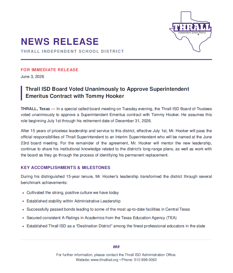 Press/News Release for Superintendent Emeritus Transition for Thrall ISD