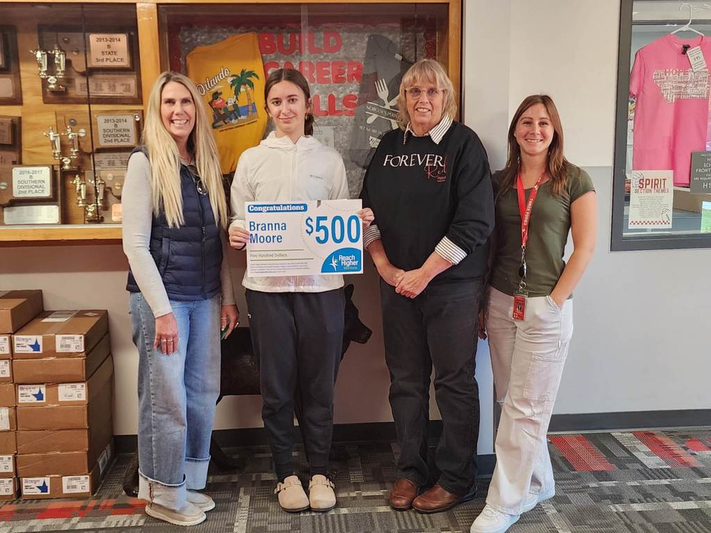 Reach Higher Montana Representative visited Three Forks to present a $500 scholarship to Branna Moore, a member of the Three Forks FCCLA chapter. Congratulations Branna!