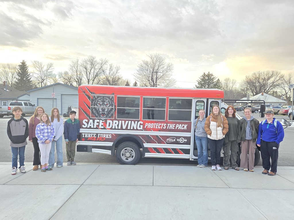 Three Forks FCCLA members with the Traffic Safety Bus they designed. Thank you to Montana FCCLA and Montana Department of Transportation for the  grant that funded this project.