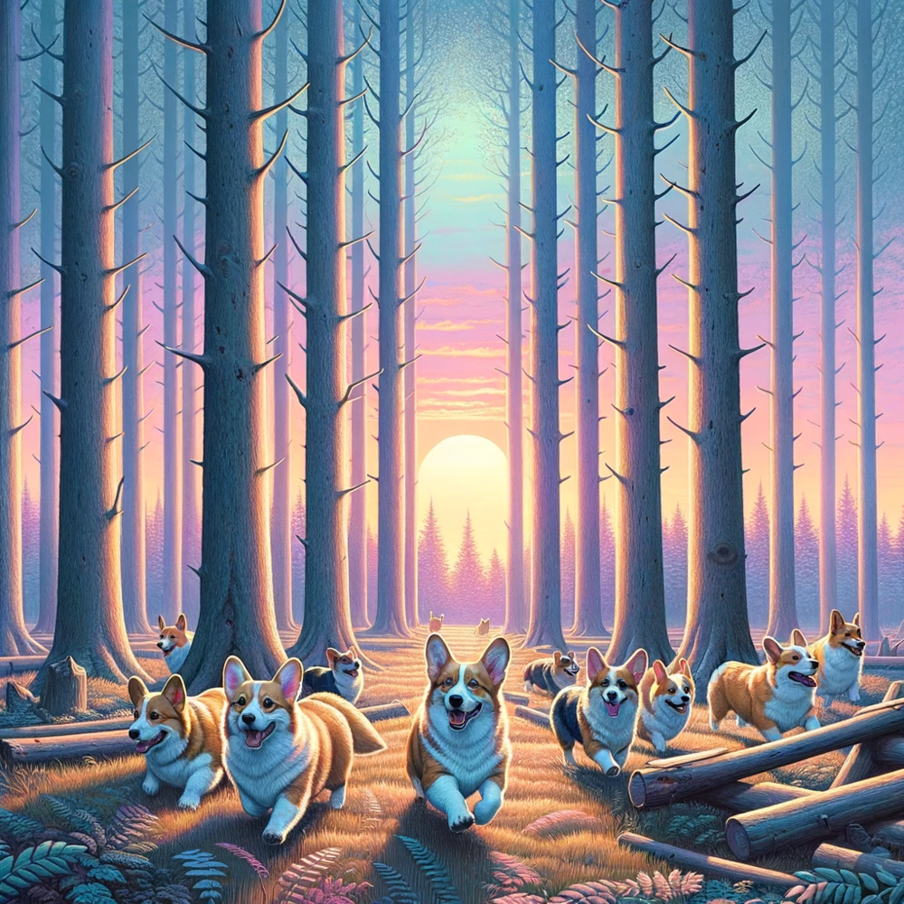 Corgis running in the woods on a Tuesday with a lot of friends.