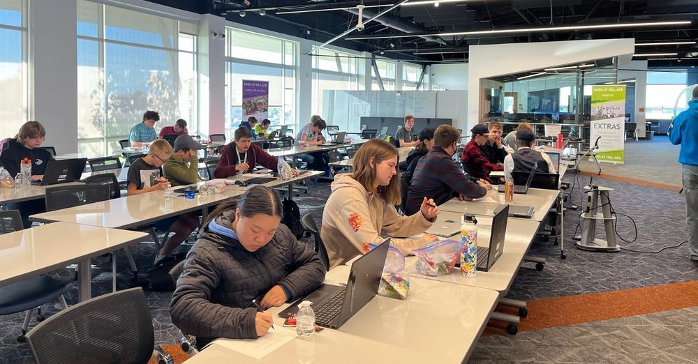 students working at a table