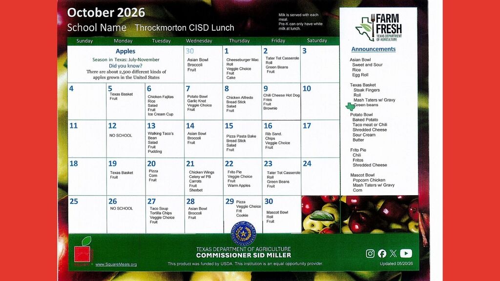 Lunch menu for Oct 2026