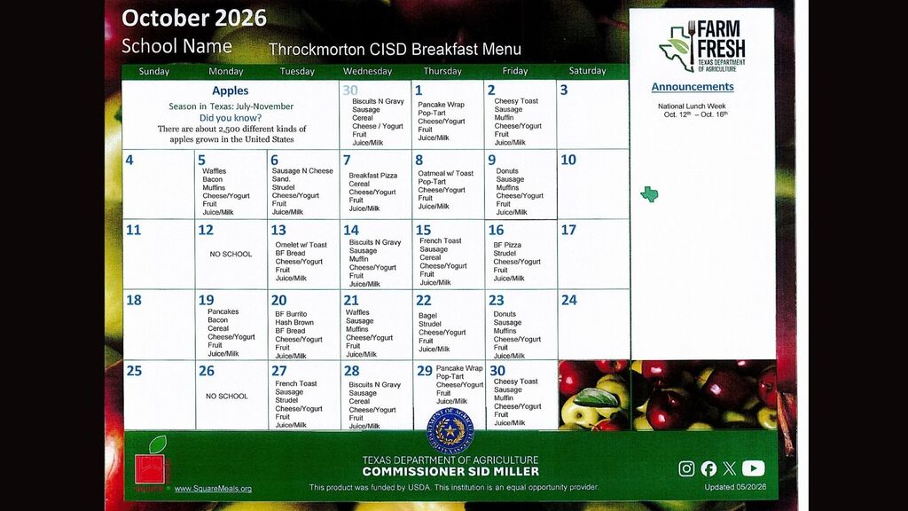 Breakfast Menu for October 2026
