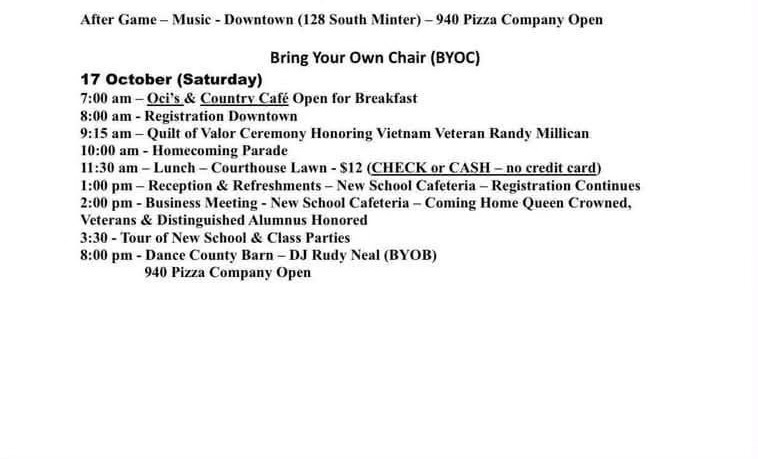Homecoming schedule for Saturday