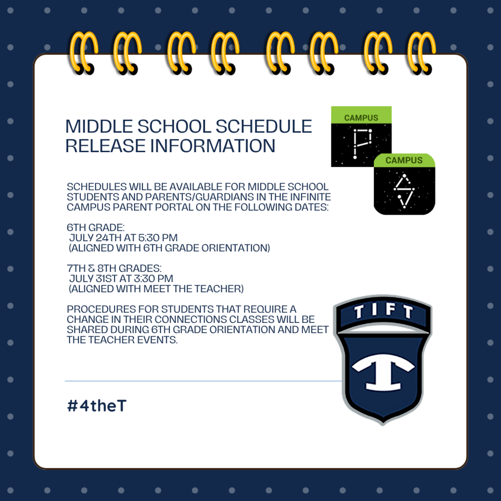 MIDDLE SCHOOL SCHEDULE RELEASE INFORMATION