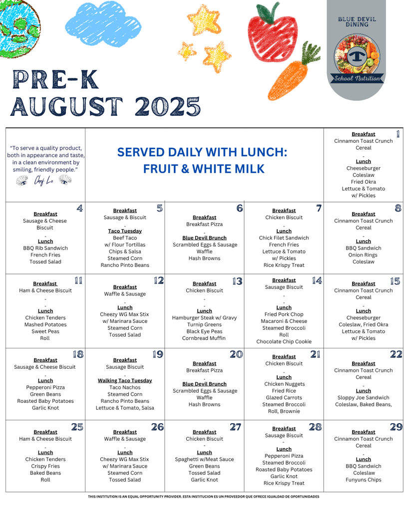 PreK August Menu