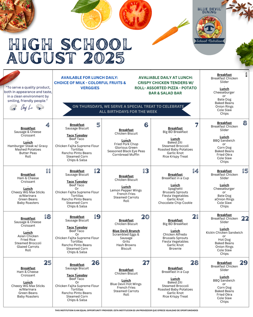 High School August Menu
