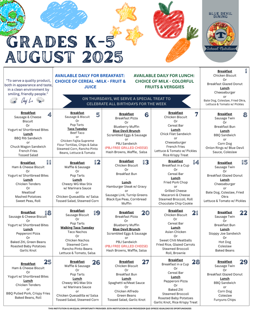 K-5 August Menu