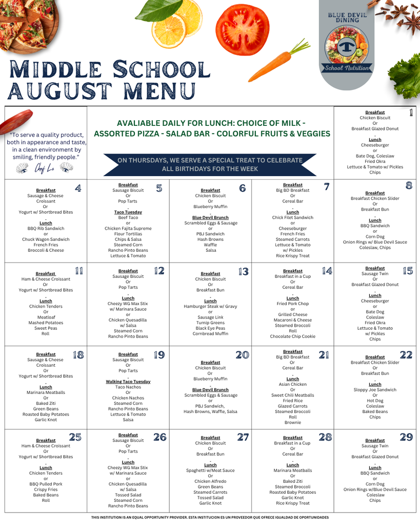 Middle School August Menu