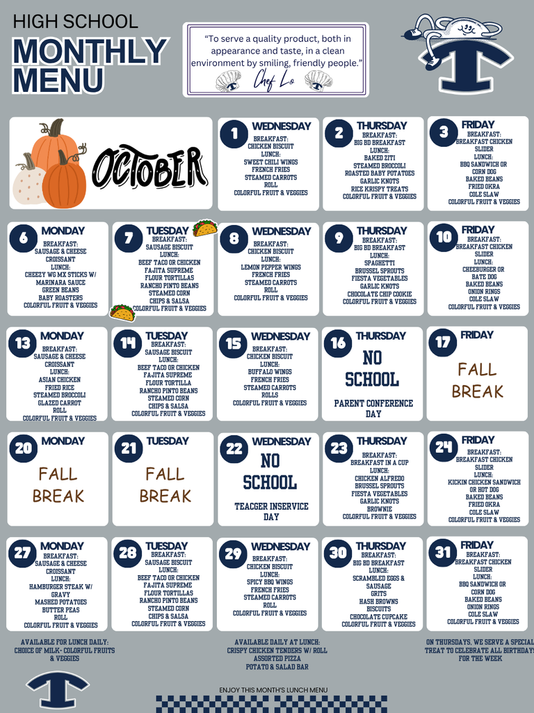October Breakfast and Lunch Menu