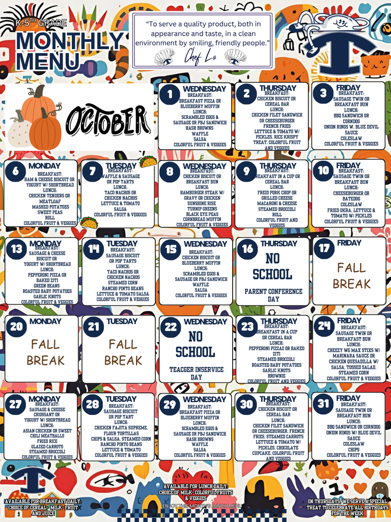 October Breakfast and Lunch Menu