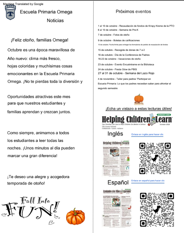 October School Newsletter Spanish