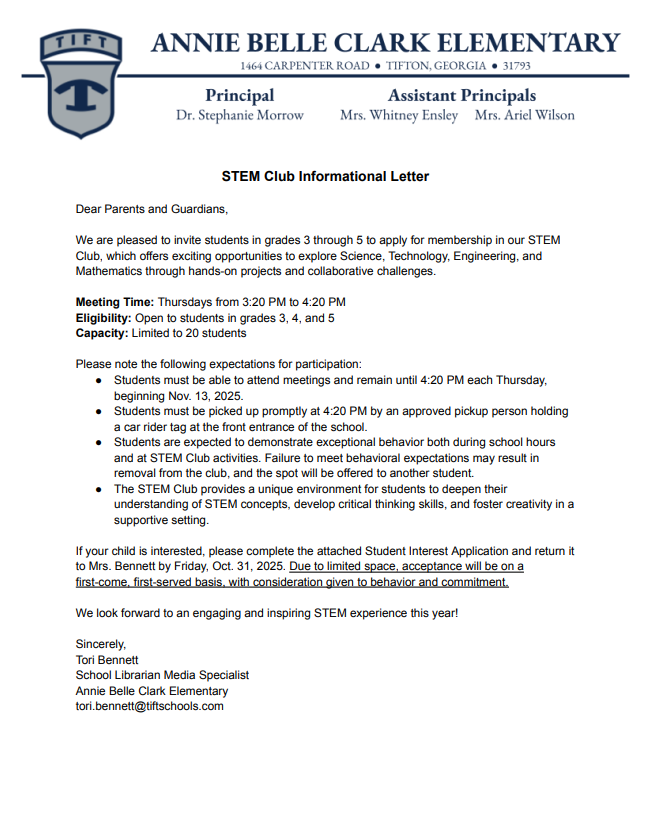STEM Club Informational Letter