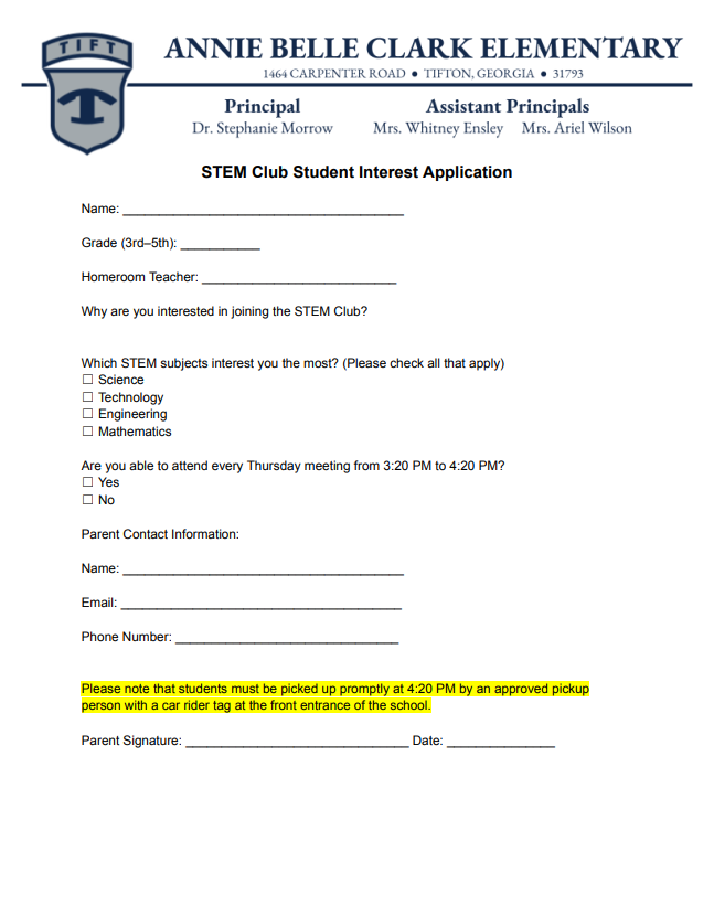 STEM Club Interest Application