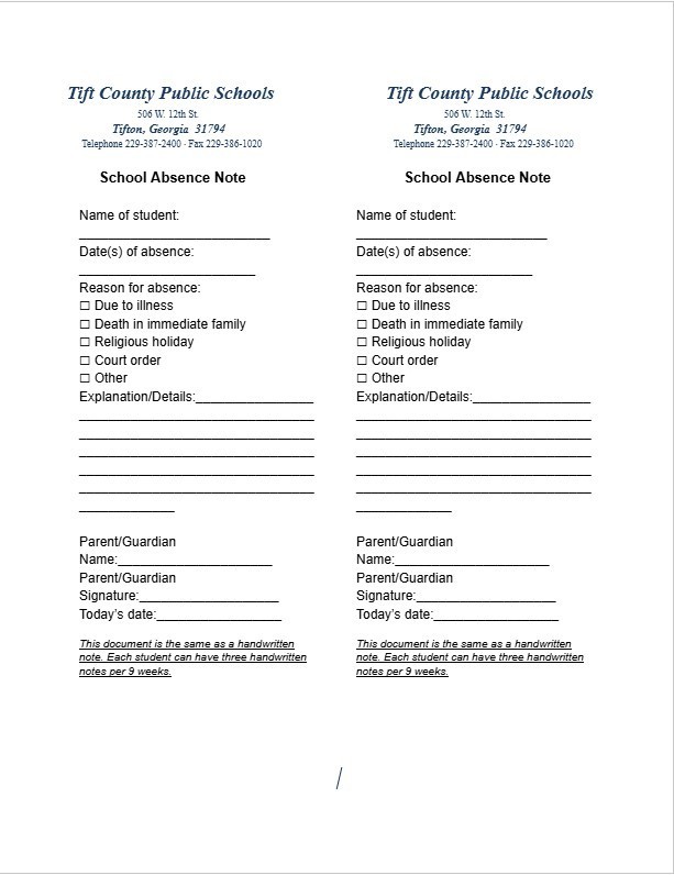 Tift Schools Absence Note in English