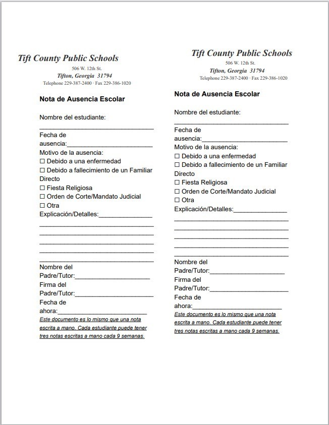 Tift Schools Absence Note Spanish