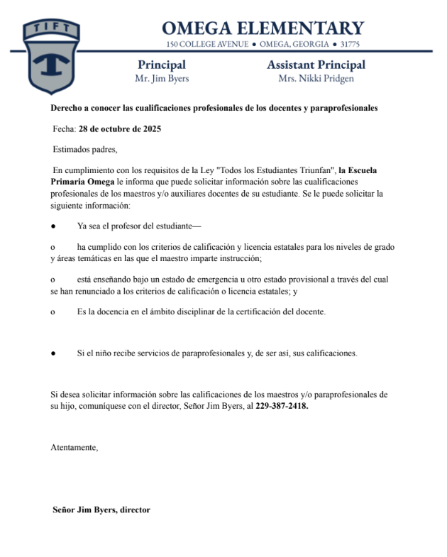 Parent Right to Know Letter - Spanish