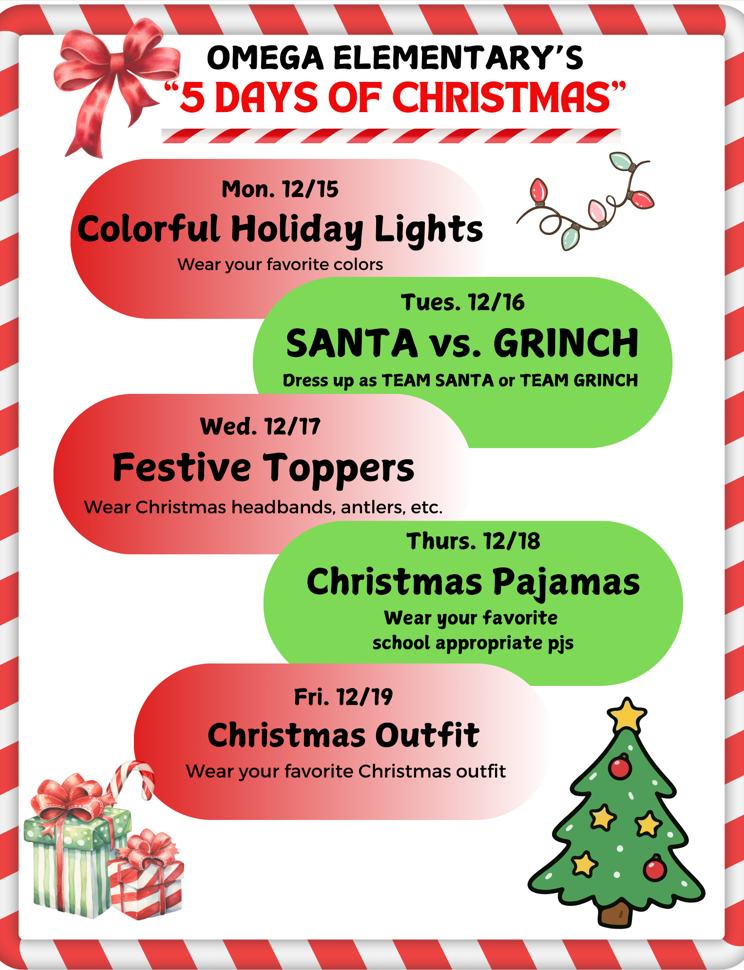 Omega Elementary School's 5 Days of Christmas flyer