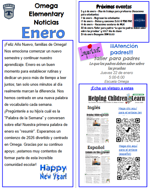 Omega Elementary School Newsletter Page 1 - Spanish