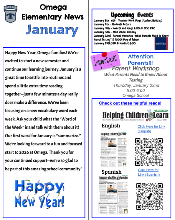 Omega Elementary School Newsletter Page 1
