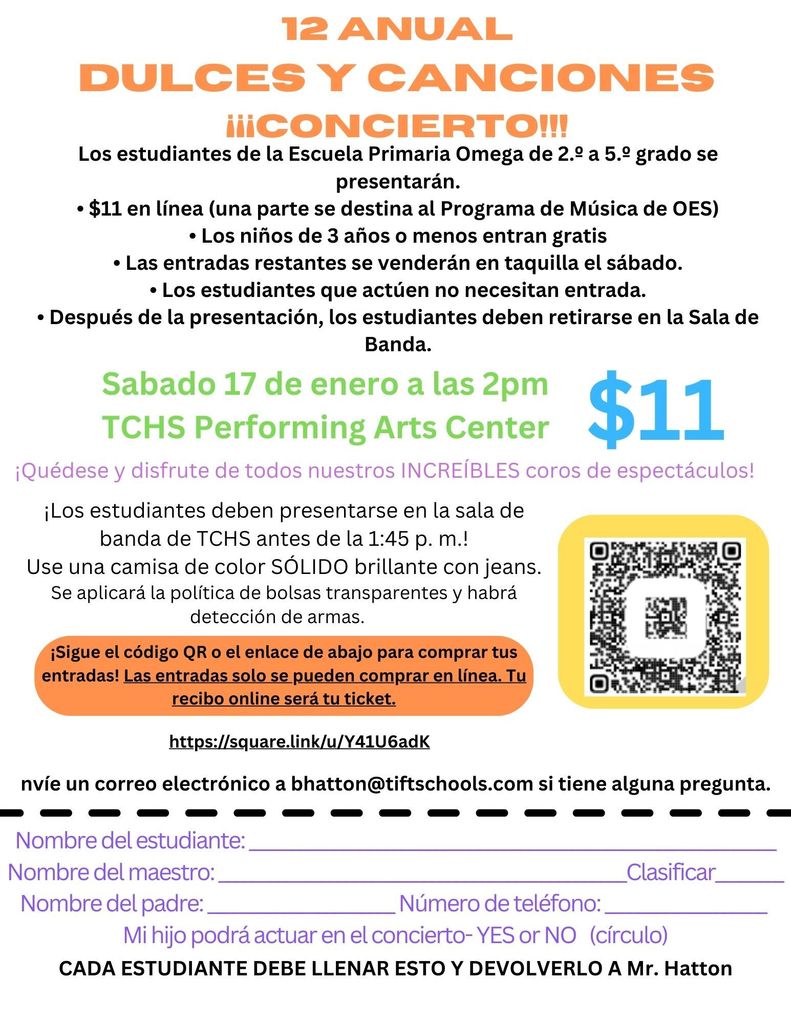 Omega Elementary School Sweets and Songs Concert Flyer (Spanish)