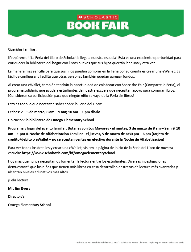 Book Fair Parent Letter - Spanish