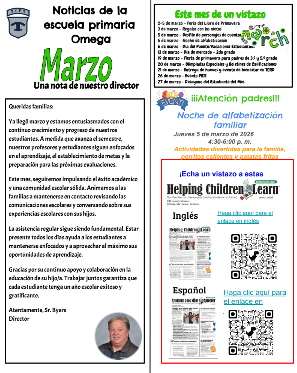 Omega Elementary School Newsletter - March - Spanish