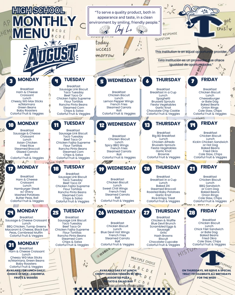 August Lunch Menu