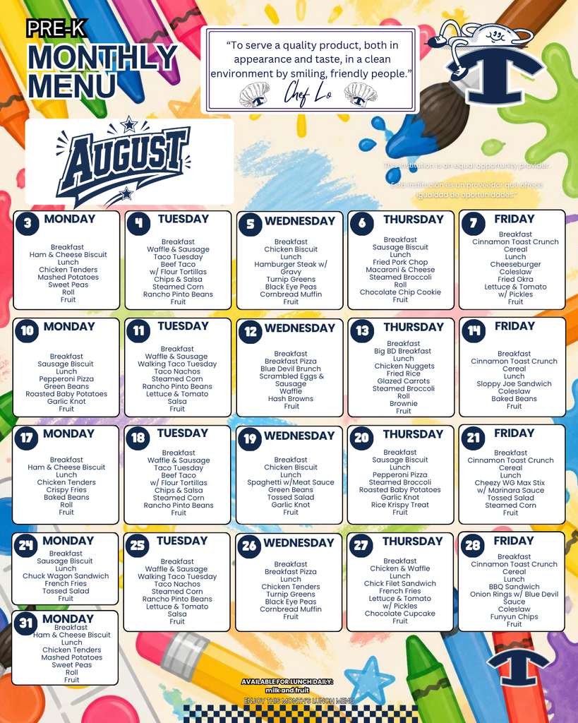 August Lunch Menu