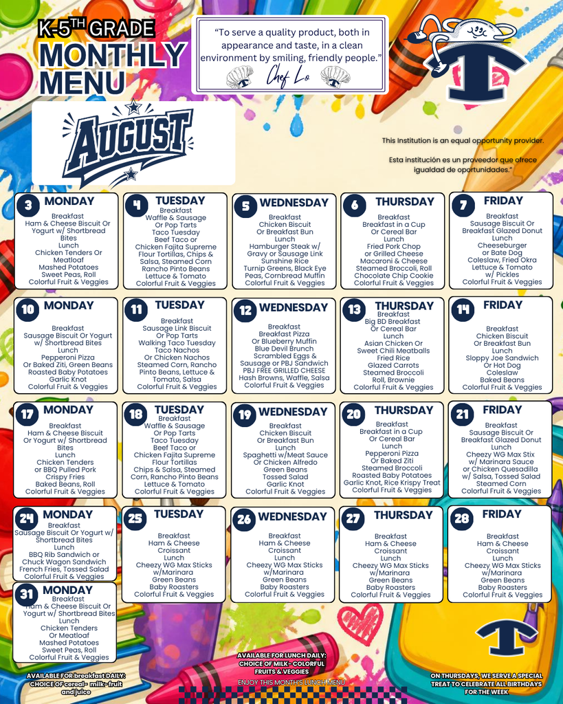 August Lunch Menu