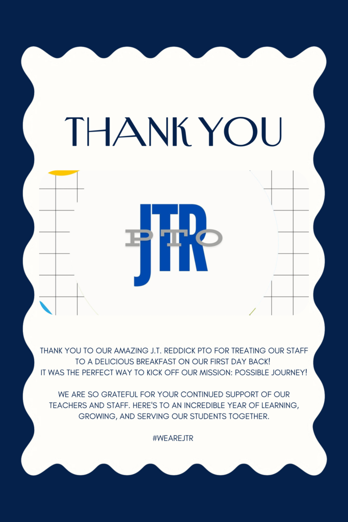 Although we're a day late, our gratitude is right on time! 💙 We want to extend a heartfelt thank you to everyone who helped make our first two days back so special for our J.T. Reddick staff. 🍳 Thank you to our amazing J.T. Reddick PTO for treating us to a wonderful breakfast on our first day back. It was the perfect way to kick off the new school year! 🥪 Thank you to Sumner, Beaumont, York, and Kincaid Insurance for providing lunch on Day 2. Your generosity and support are truly appreciated. We are so thankful for community partners who invest in and encourage our educators. Your kindness helped us start the school year feeling appreciated, supported, and ready for an amazing year with our students! Thank you for being part of the JTR family! 💙 #WeAreJTR