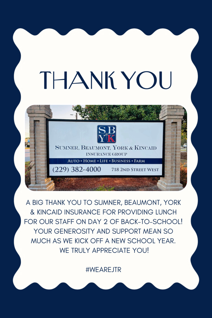 Although we're a day late, our gratitude is right on time! 💙 We want to extend a heartfelt thank you to everyone who helped make our first two days back so special for our J.T. Reddick staff. 🍳 Thank you to our amazing J.T. Reddick PTO for treating us to a wonderful breakfast on our first day back. It was the perfect way to kick off the new school year! 🥪 Thank you to Sumner, Beaumont, York, and Kincaid Insurance for providing lunch on Day 2. Your generosity and support are truly appreciated. We are so thankful for community partners who invest in and encourage our educators. Your kindness helped us start the school year feeling appreciated, supported, and ready for an amazing year with our students! Thank you for being part of the JTR family! 💙 #WeAreJTR