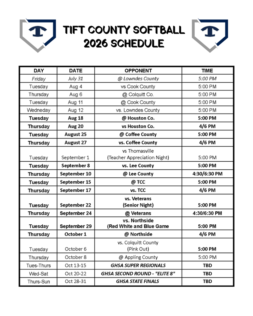 TCHS Softball Schedule