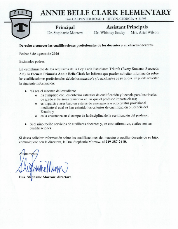Parent Right to Know Letter 2026 in Spanish