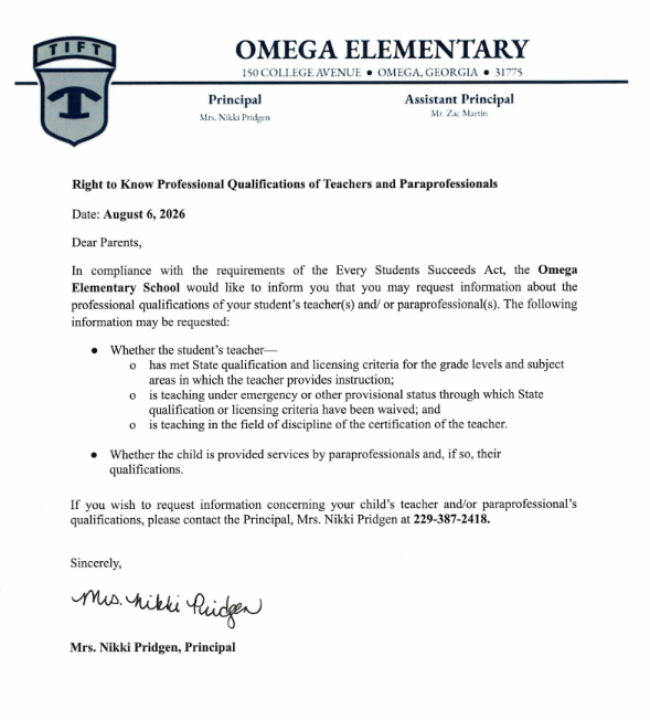 Parent Right to Know Letter 2026-2027