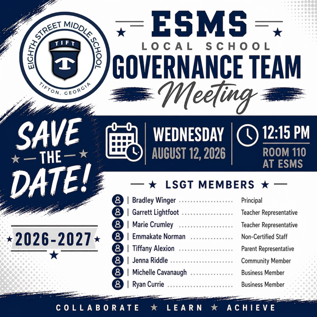 The ESMS LSGT Meeting for August will be on Wednesday Aug. 12, 2026 at 12:15 PM. The meeting will be held in Room 110 ar ESMS.